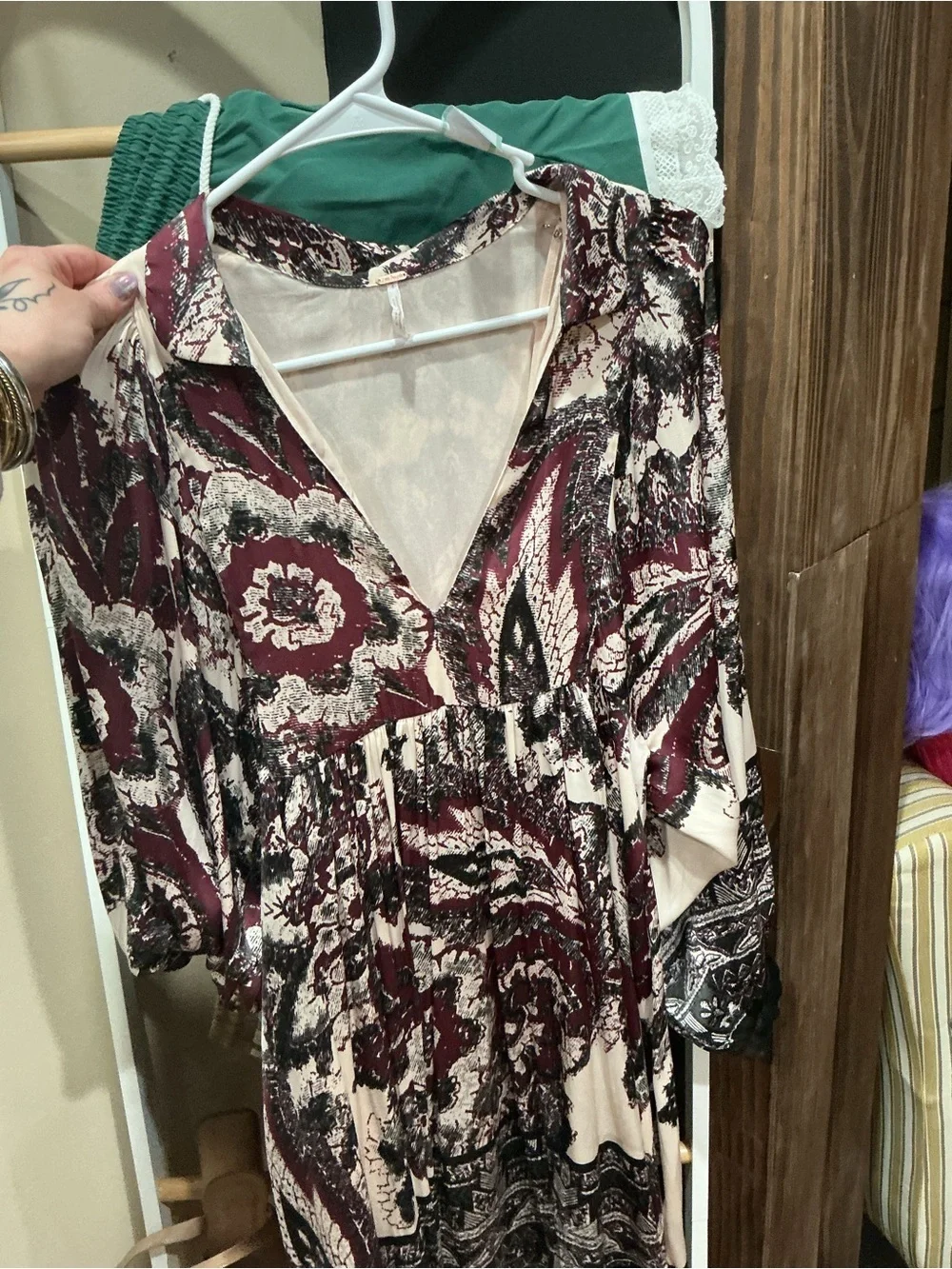 Free People Burgundy Cream Paisley V-Neck Midi Dress